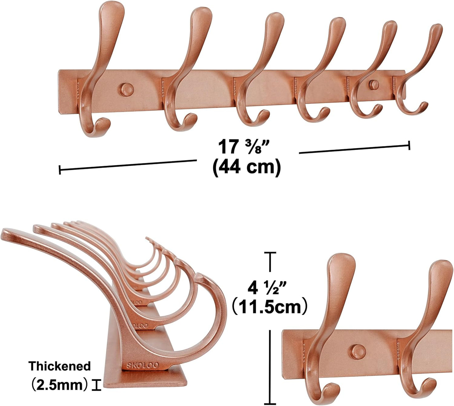 SKOLOO Coat Rack Wall Mounted - 6 Hooks, Pack of 2, Heavy Duty, Stainless Steel, Metal Wall Hanger, Sturdy Coat Hooks for Hanging Coats, Jacket, Clothes, Hat, Matte Rose Gold