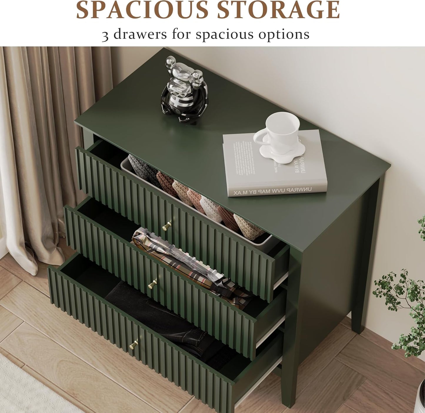 RoyalCraft Large 3 Drawer Dresser Set of 2, Fluted Chest of Drawers with Storage, Modern Painted 30 inch Tall Nightstand for Bedroom Living Room Entryway, Green