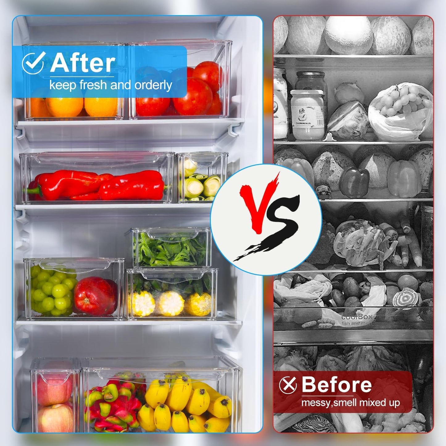 14-Pack Clear Fridge Organizer Bins with Lids, Stackable Refrigerator Storage Containers, BPA-Free with Drain Tray & Anti-Slip Base for Fruits, Veggies, Drinks