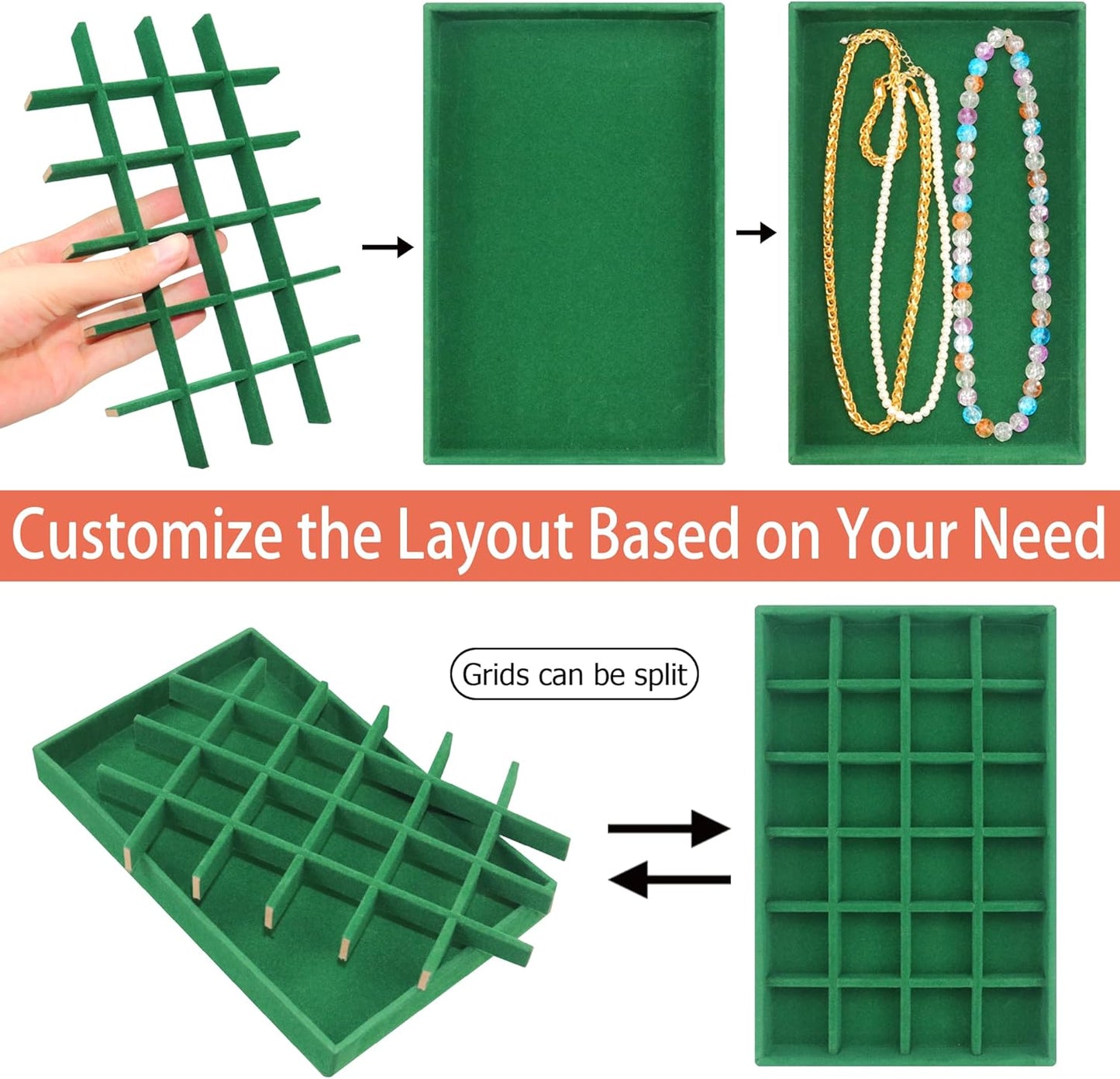 24 Grid Velvet Jewelry Drawer Organizer Tray Stackable Jewelry Trays Removable Dividers for Earring Rings Stud Necklaces (Set of 8, Green