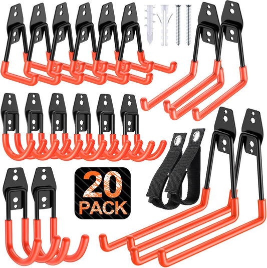 20 Pack Heavy Duty Garage Hooks,Solid Steel Wall Mount Hangers,with Anti-Slip Coating,for Hanging and Organising Ladder,Bike,Ropes,Broom,Garden,Yard and Power Tools