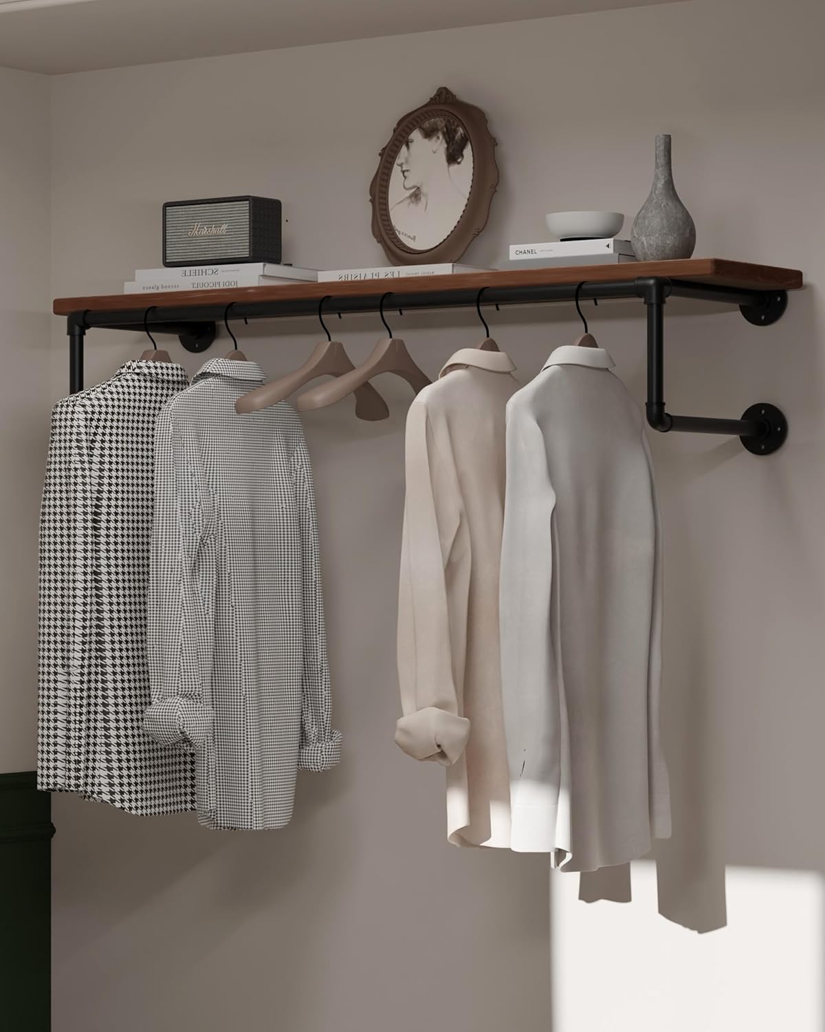 Clothes Rack 42in, Wall Mounted Garment Racks with Real Brown Wood Shelf, Heavy Duty Hanging Clothes Rack, Multi-Purpose Hanging Rod, Space-Saving Closet Storage
