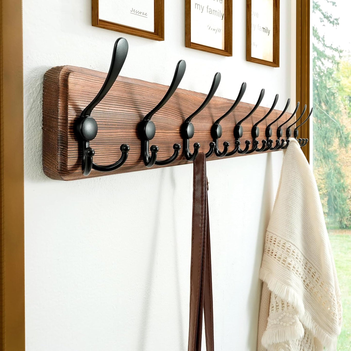 Dseap Coat Rack Wall - Heavy-Duty 38-1/4" Long, with Reinforced 10 Custom Tri-Hooks, Solid Wood Wall Hanger for Coats Hat Jackets - Rustic Farmhouse Entryway Hallway Storage, Natural & Black