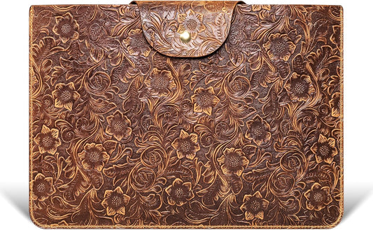 Genuine Leather Laptop Sleeve,Compatible with MacBook Pro 13 Inch M2 M1(2025-2016)＆MacBook Air 13 Inch M4 M3 M2 M1(2025-2018),Vintage Protective Computer Case with Floral Pattern,Brown