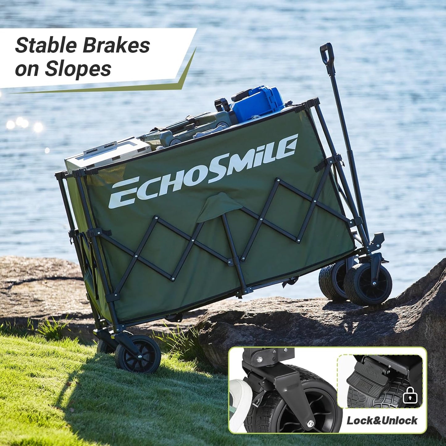 EchoSmile Collapsible Foldable Extended Wagon with 500lbs Weight Capacity, 300L Folding Utility Wagon Cart with Big All-Terrain Wheels for Beach,Sport,Gargen&Grocery,Green