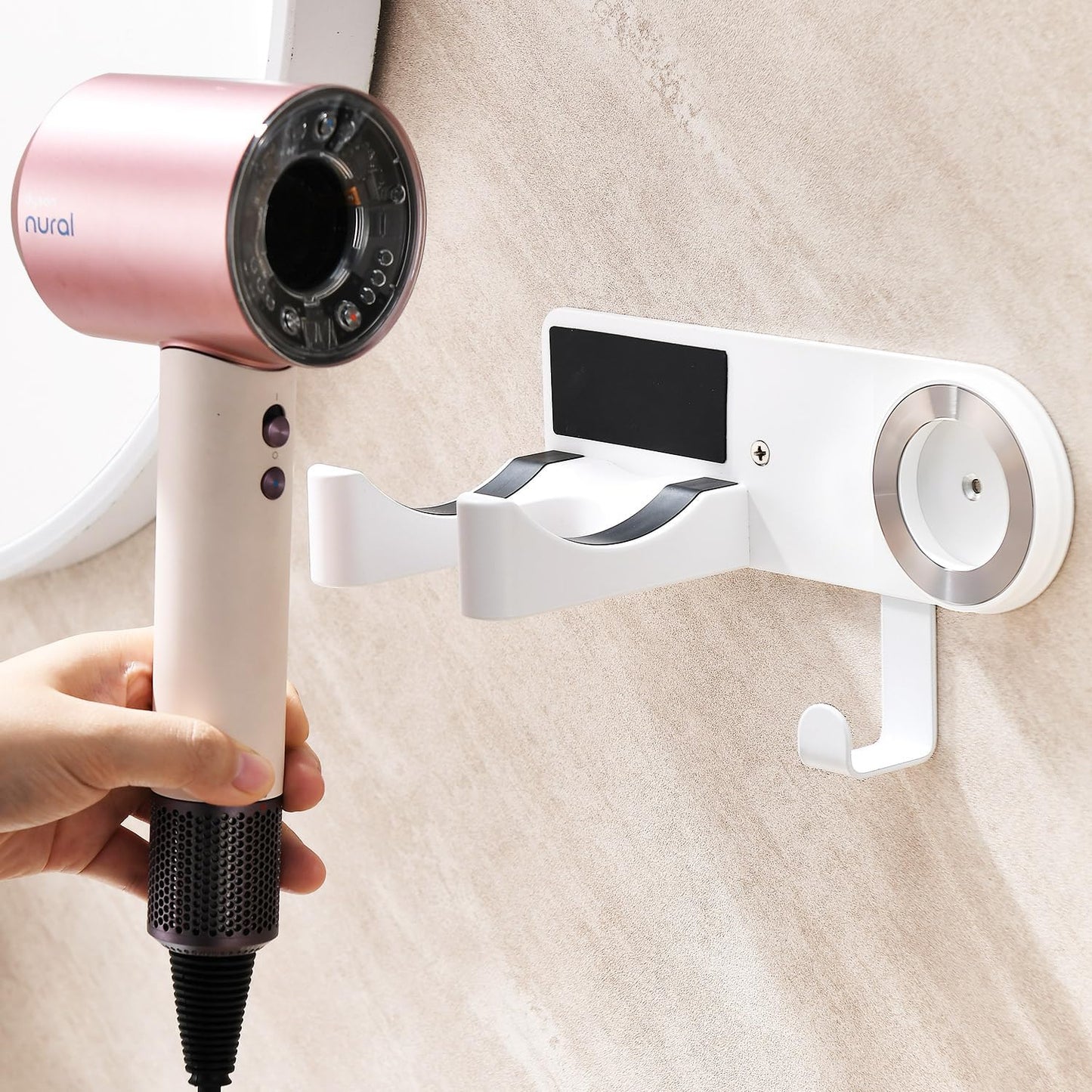 Hair Dryer Holder Wall Mounted, Blow Dryer Holder with Strong Magnet, Dyson Hair Dryer Holder Adhesive Aluminum Alloy Organizer for Bathroom White UEMUSI