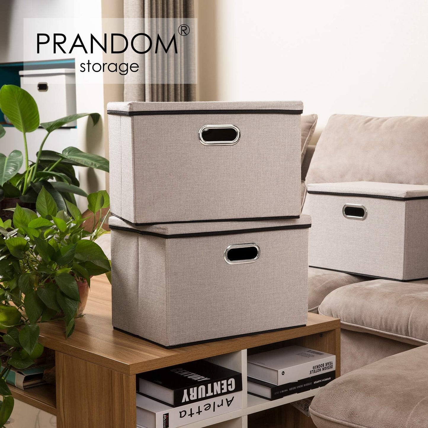 PRANDOM Large Foldable Storage Bins with Lids [5-Pack] linenFabric Decorative Storage Boxes Organizer Containers Baskets Cube with Handles Divider for Bedroom Closet Office Light Grey(17.7x11.8x11.8)