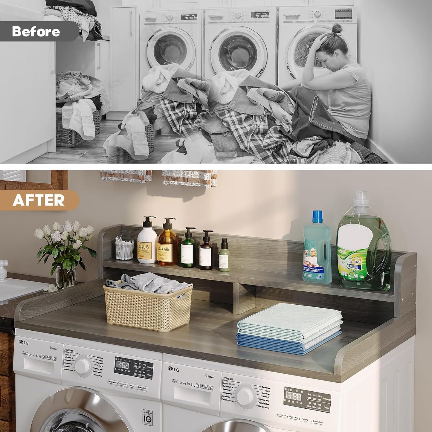2-Tier Washer Dryer Countertop with 2.75"H Edge Rails, 54" W x 27.55" D Laundry Countertop for Folding Clothes, Washer and Dryer Topper with Non-Slip Pad (Stripe Gray)