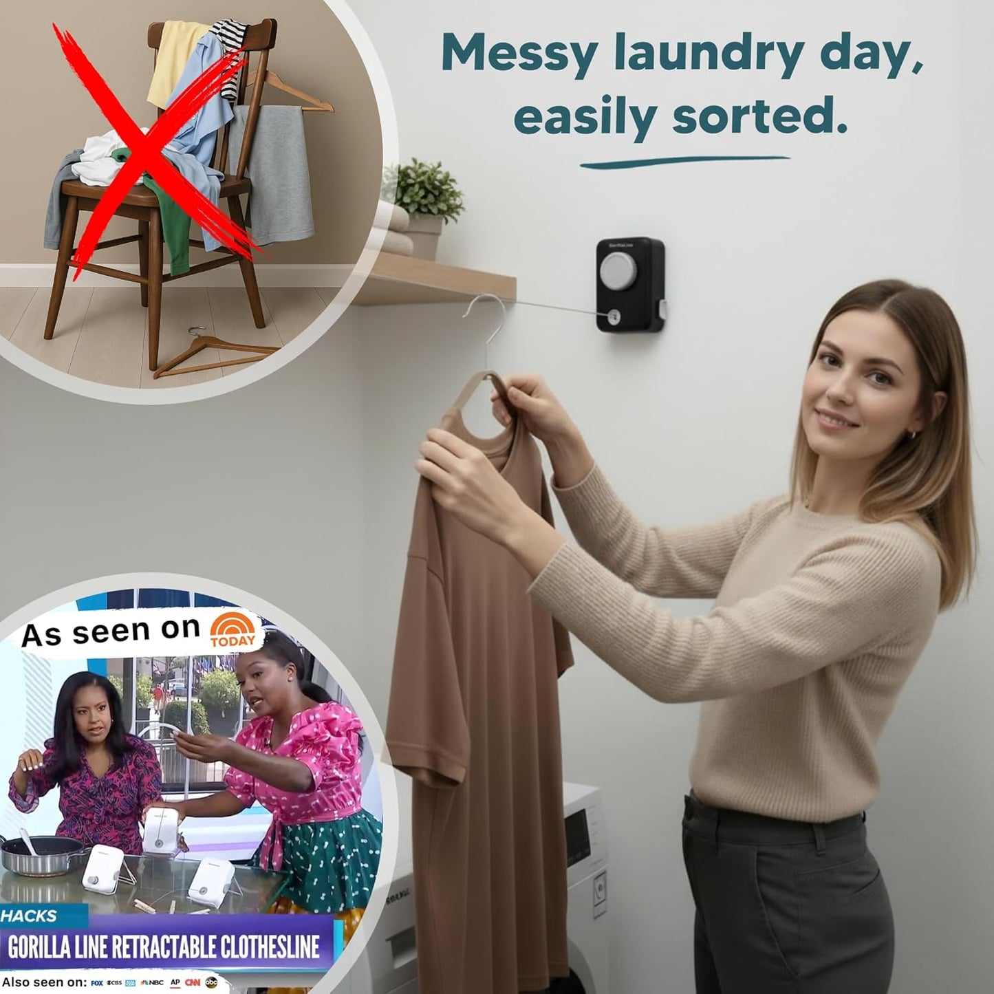 GorillaLine Max - Retractable Clothesline Indoor Outdoor Clothes Line - Heavy Duty Clothes Drying Laundry Line - Wall Mounted Drying Rack - Air Dry Clothing - Max Tighten with GorillaGrip