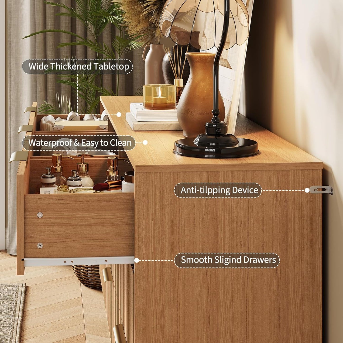 Garvee Fluted Dresser for Bedroom with 9 Drawers,63" Wide Modern Chest of Wooden Bedroom Chest with Metal Handle,Clothes Storage Organizer,Closet Dresser & TV Stand for Living Room,Hallway,Natural