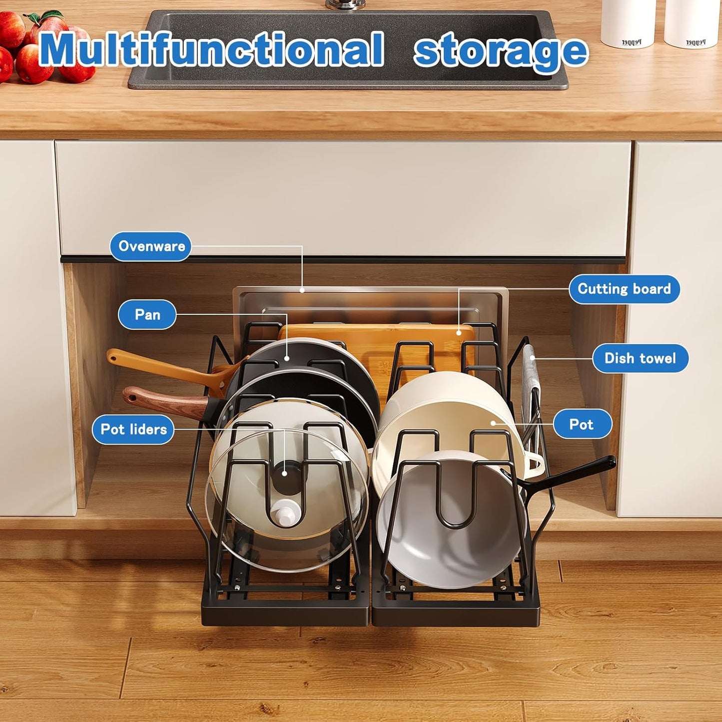 Pots and Pans Organizer Under Cabinet, 21.6" Deep Pull Out Pot Lid Organizer Holder with Guardrail Adhesive Pot and Pan Holder Rack with 10 Adjustable Dividers-1 Pack(Black)