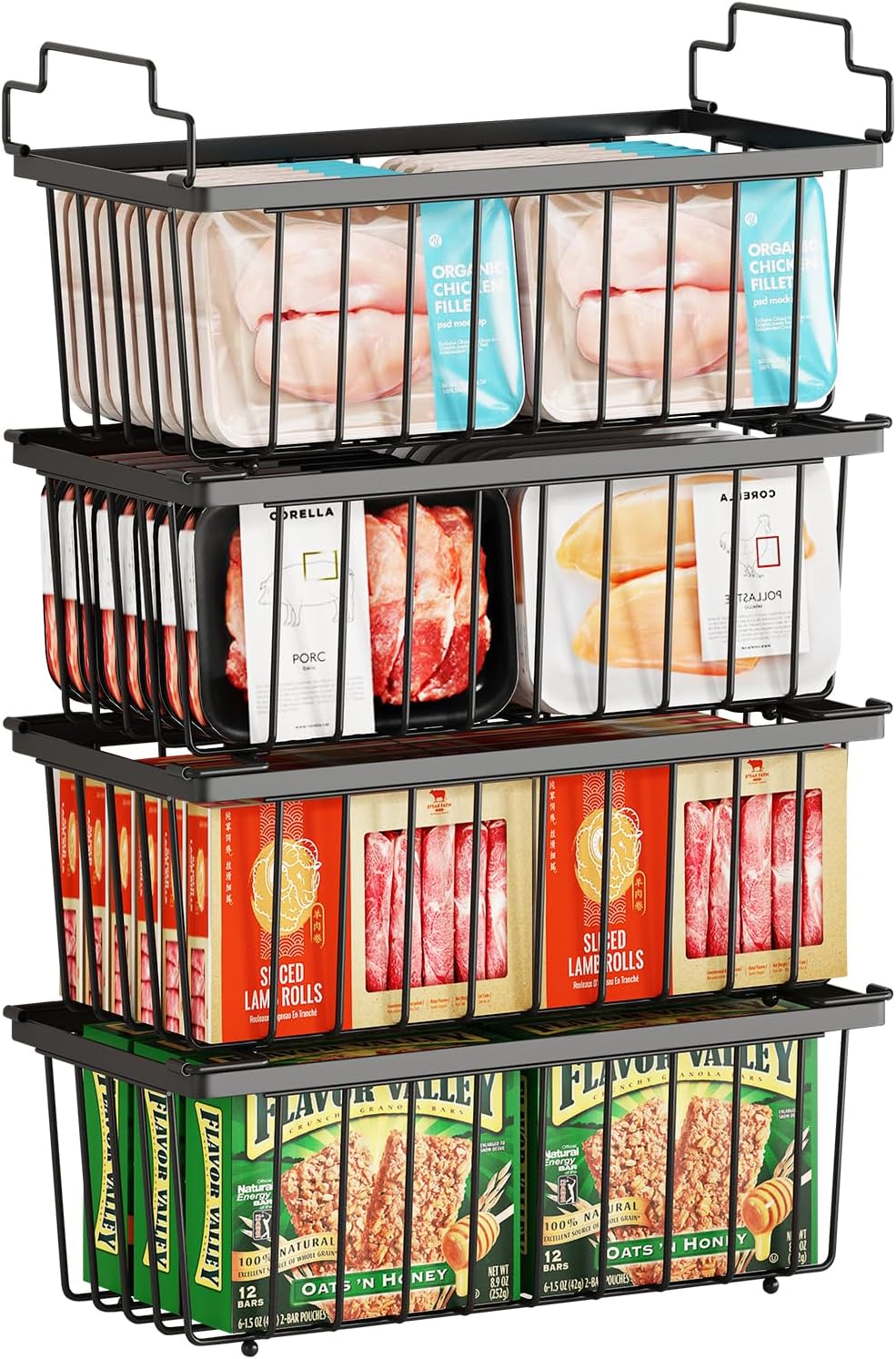 4 Pack Freezer Organizer Bins(14.6‘’L X 7.1‘’W X 5.2‘’H) Suitable for 5-7 Cu.Ft Chest Freezer Sort Frozen Meats | Stackablet Chest Freezer Organizer Bins Get Food Easily w/Handle, Gifts Ideas for Mom