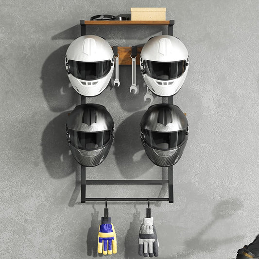 HOOBRO Motorcycle Helmet Rack Wall Mount, Helmet Holder with Hanging Rod, Storage Display Rack with 2 Glove Clamps and 4 Hooks, for Motorcycle Gear and Accessories, Rustic Brown and Black BF02TK01