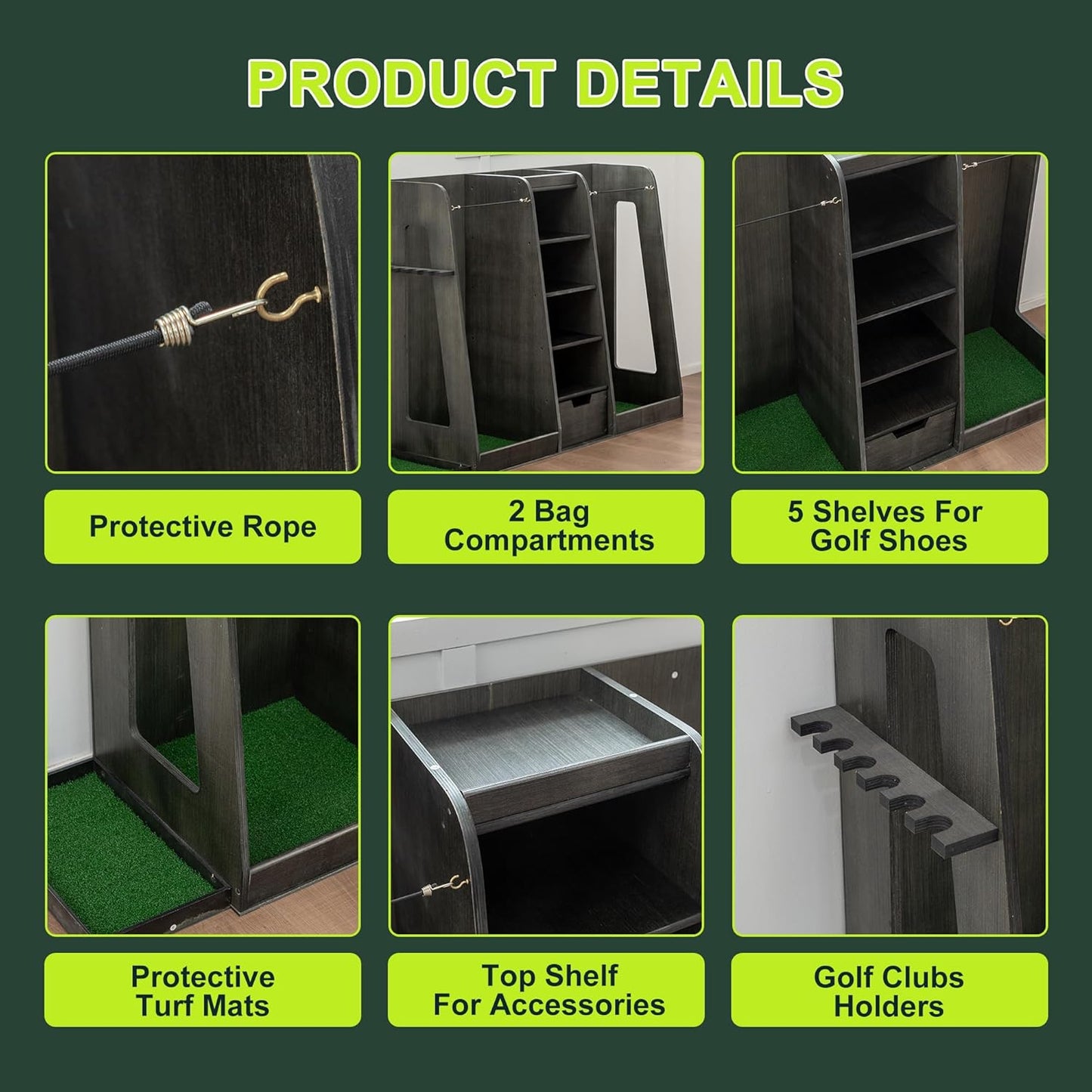Wooden Golf Bag Storage Organizer Fits 2 Bags and Multiple Golfing Equipment Accessories, Golf Bag Rack Club Stand Holder Great Gifts for Any Level Golfer