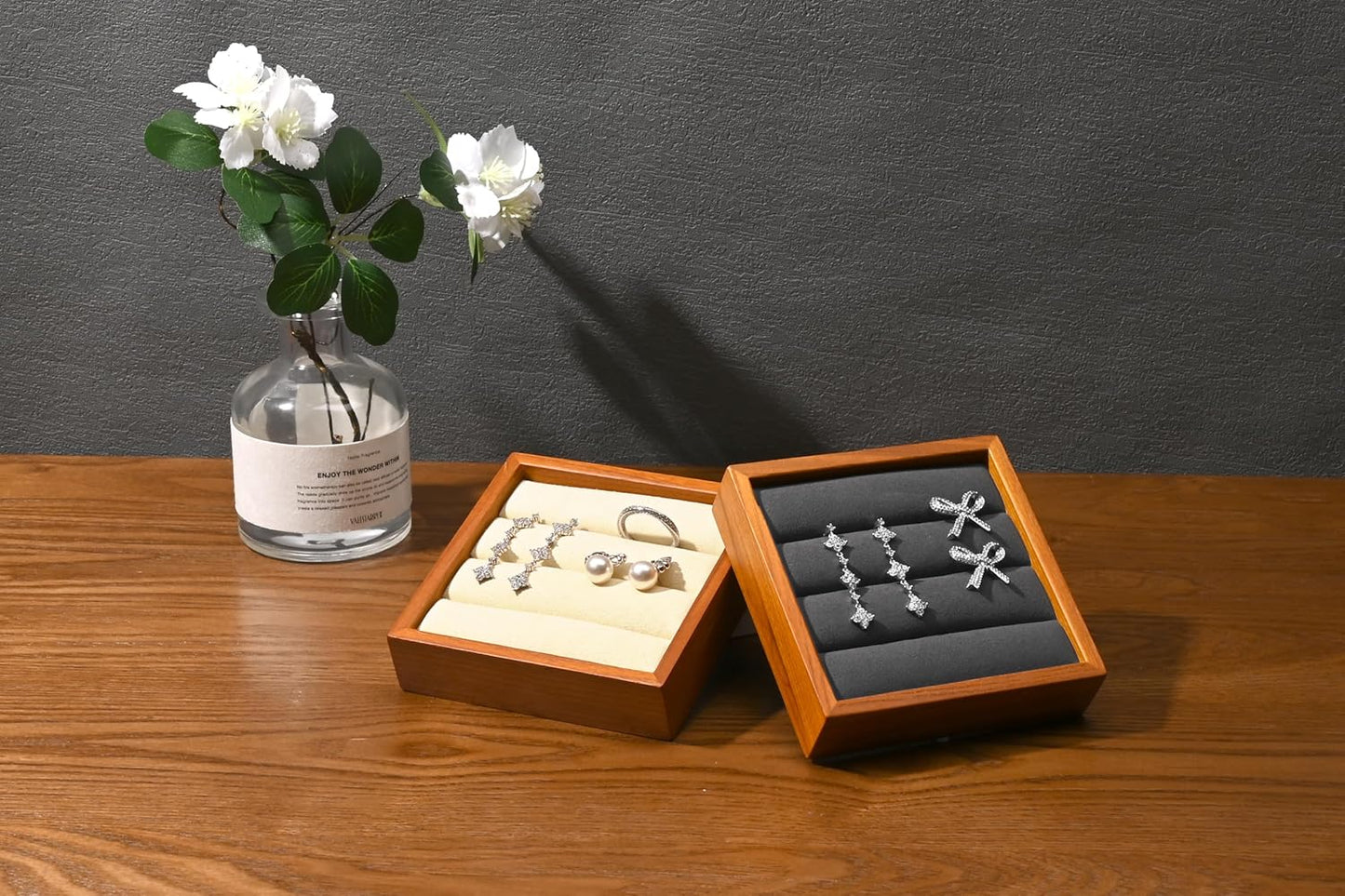 Solid Wood 3-Slots Jewelry Ring Display Tray Showcase Small Jewelry Display Organizer Tray for Rings(S,Beige)
