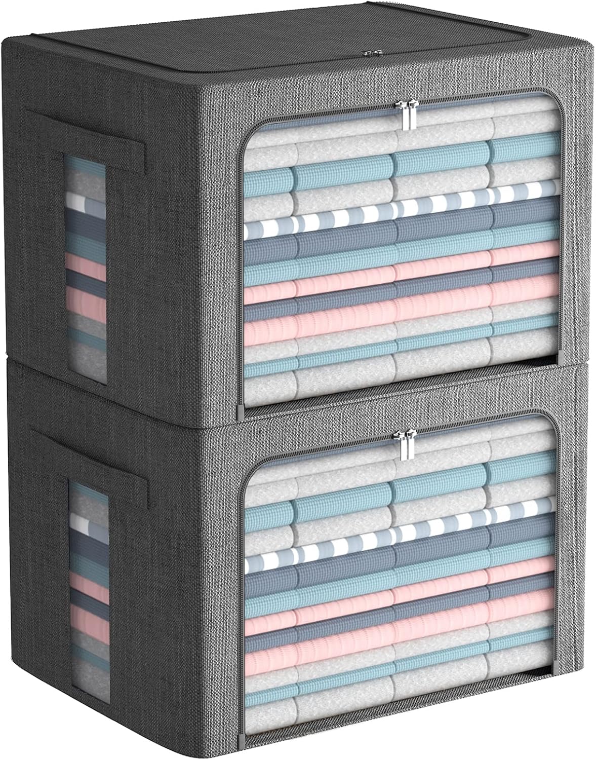 FHSQX Extra Large Clothes Storage Bins Foldable Metal Frame Storage Box Stackable Linen Fabric Box Organizer Set with Carrying Handles and Clear Window -100L (Gray, 23.6x 16.5x 15.7 Inch)