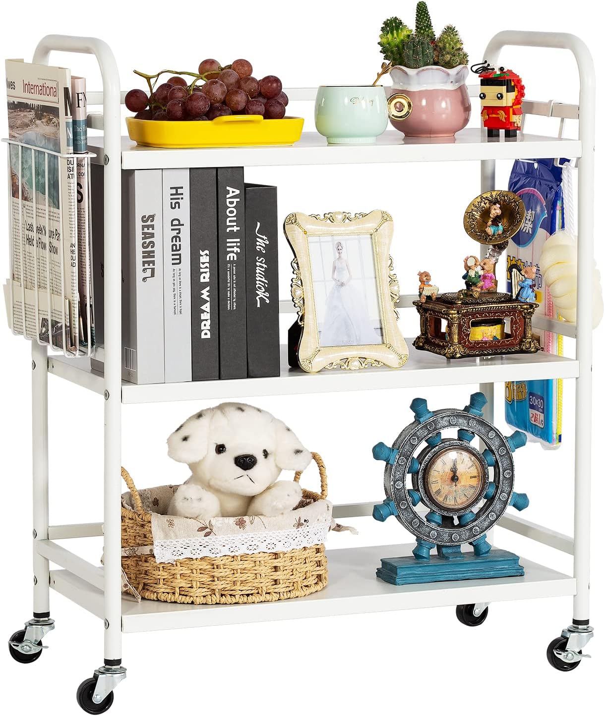 HDANI 3 Tier Metal Rolling Utility Cart,High Capacity Multi Purpose Heavy Duty Cart for Office,Kitchen,Living Room,Bedroom,White