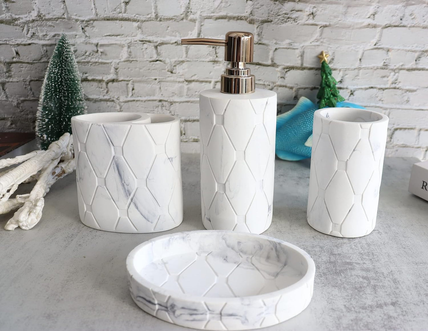 Hymmah Bathroom Accessories Set,Marble Design Toothbrush Holder,Farmhouse Bathroom Decor,4 Pcs Resin Gift Set Apartment Necessities, Contain Toothbrush Cup,Soap Dispenser,Soap Dish,Tumbler