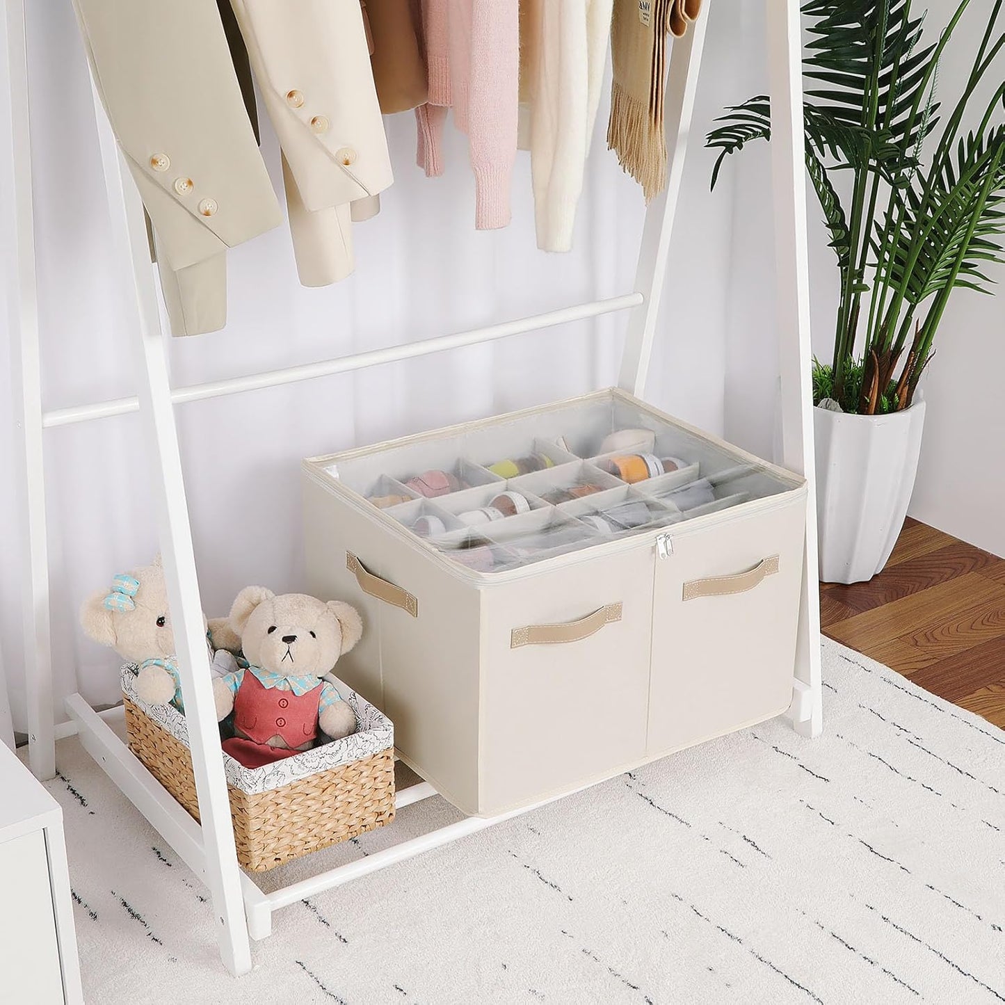 Shoe Organizer for Closet 2 Pack, Foldable Shoe Box with Adjustable Dividers and Clear Cover, Space Saving Shoe Storage Organizer Cabinet with Reinforced Handles, Fits 32 Pairs Beige TP12Y