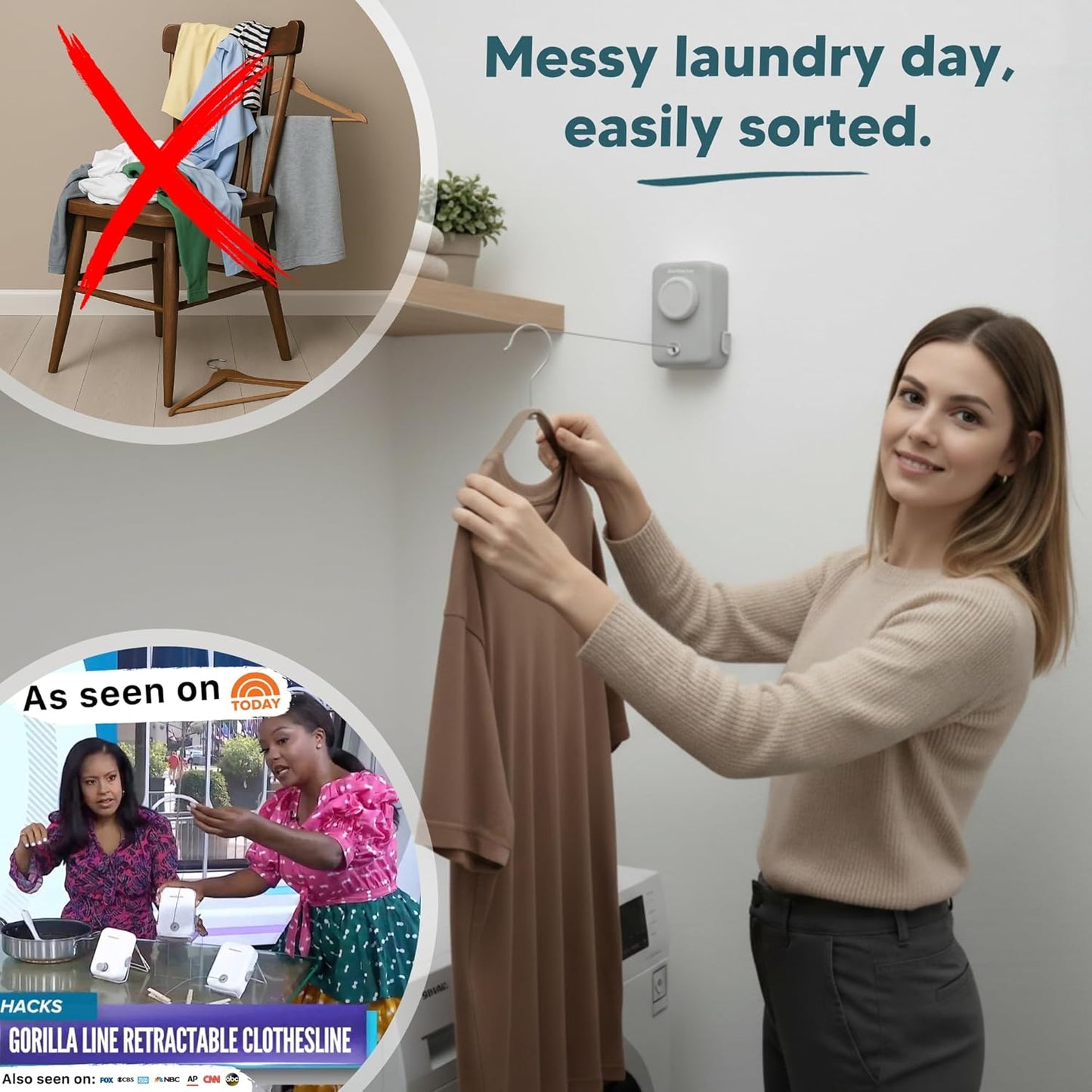 GorillaLine Max - Retractable Clothesline Indoor Outdoor Clothes Line - Heavy Duty Clothes Drying Laundry Line - Wall Mounted Drying Rack - Air Dry Clothing - Max Tighten with GorillaGrip