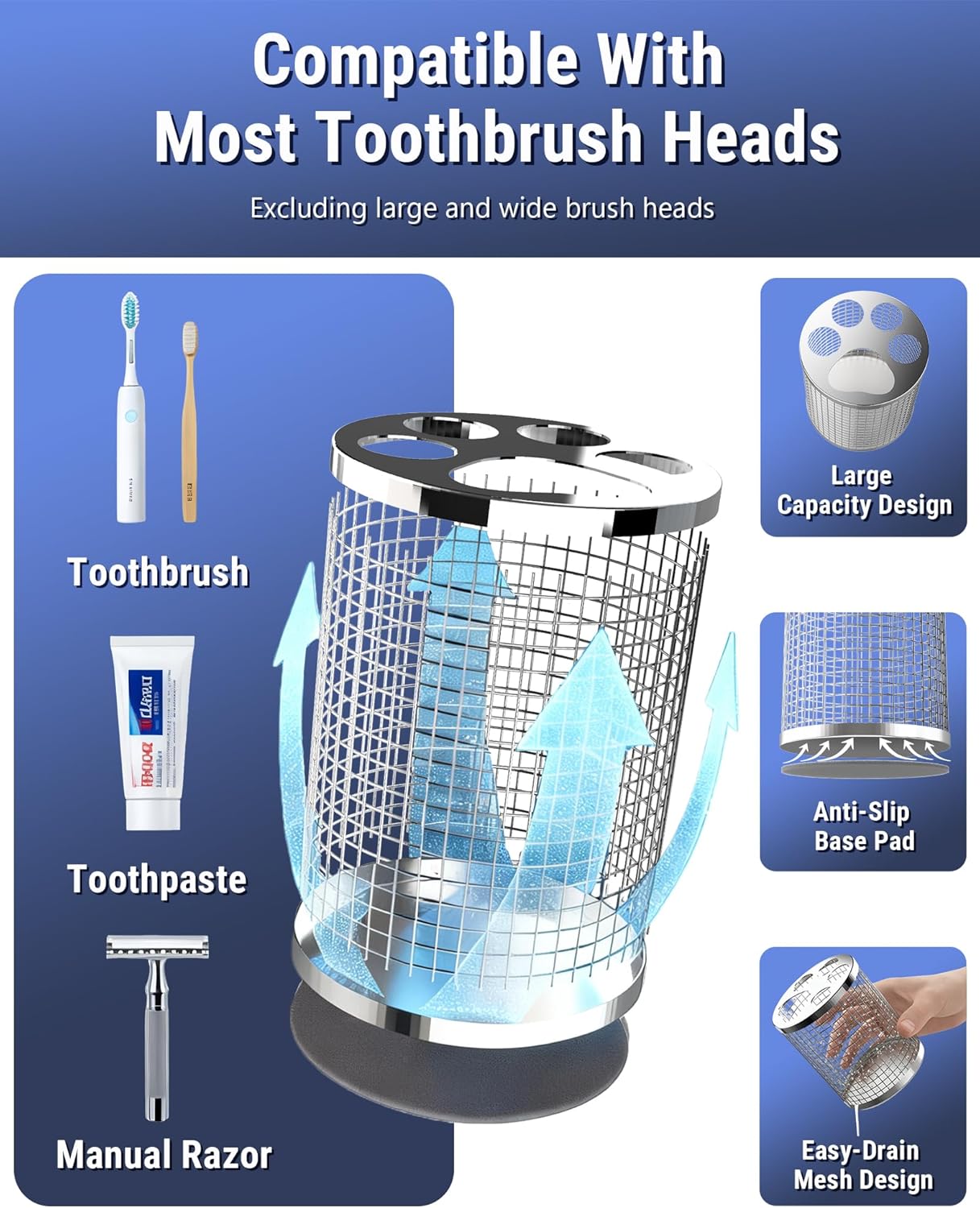 Toothbrush Holder Stand for Bathroom, 304 Stainless Steel Ventilated Organizer for Countertop with Slots for Electric Toothbrushes & Toothpaste, Family Size Tooth Brush Holder