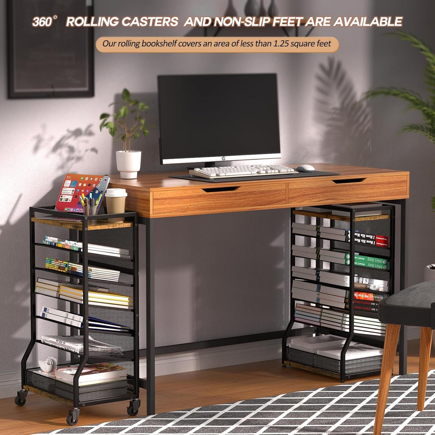 7 Tier Rolling File Cart with Sliding Trays, Wood Metal File Organizer Beside Desk, Free-Standing File Holder, Paper Letter Tray Organizer Mesh Desk Organizer for Home Office School (Patent)