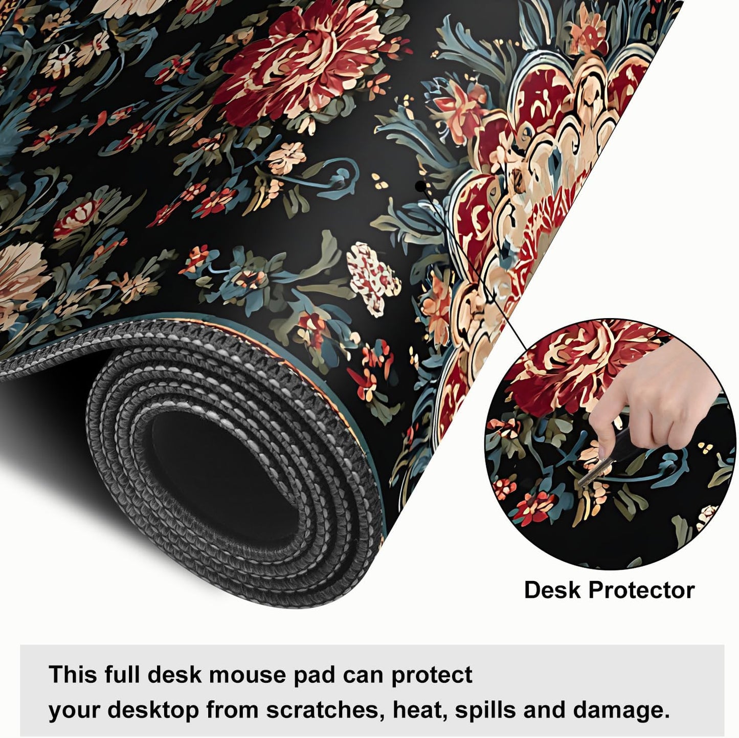 Vintage Persian Carpet Mouse Pad – Large Extended Desk Mat 31.5 x 11.8 in – Oriental Floral Rug Design, Non-Slip Rubber Base, Stitched Edges, Soft Keyboard & Mouse Mat for Office or Gaming