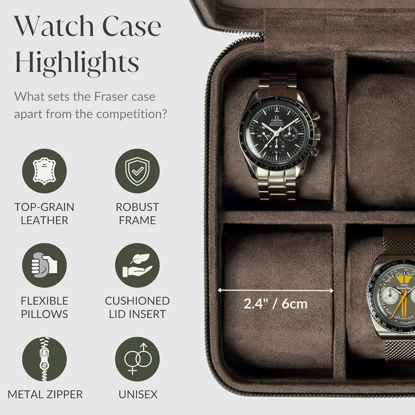 TAWBURY Watch Case - 8 Slot Genuine Top-Grain Leather Watch Box for Men & Women with Extra Wide Pillows for Large Watches - Portable Wristwatch Storage for Home & Travel (Brown)
