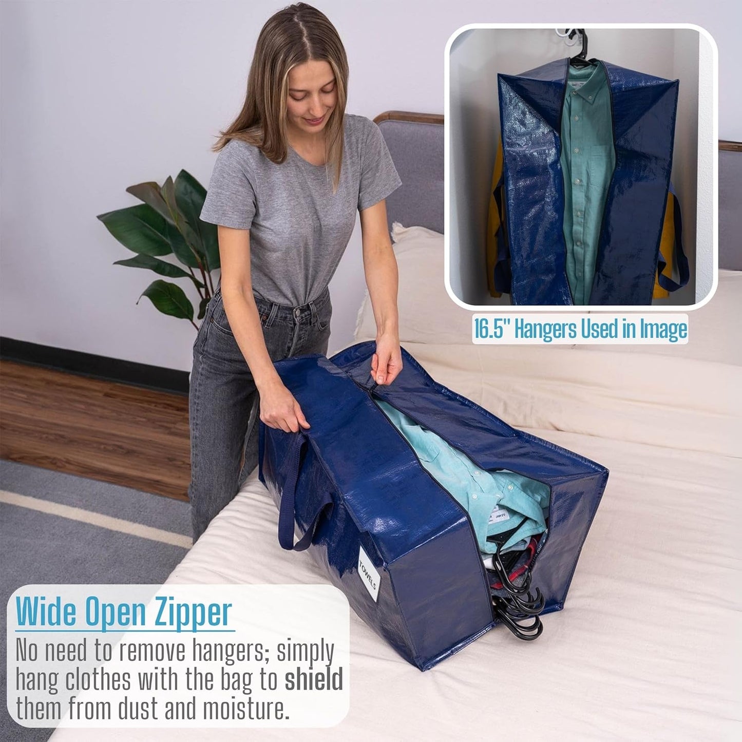 VENO 10 Pack Moving Bags w/Backpack Straps, Heavy Duty, Moving Boxes Alternative, Packing Supplies, Large Storage Totes for Dorm Room Essentials with Zipper for Clothes (Blue, 10 Pack)
