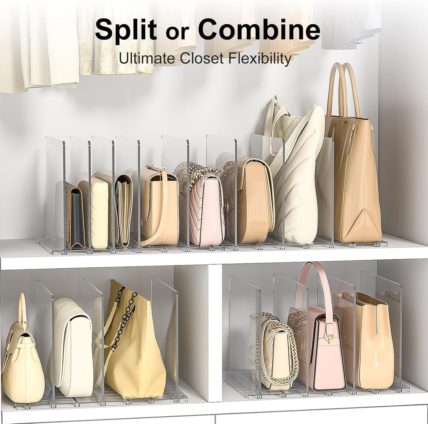 Bag Purse Organizer for Closet: Shelf Dividers Adjustable Acrylic Handbag Storage - Plastic Closet Organizers and Storage for Clutches - Keep Carteras & Pocketbook Upright