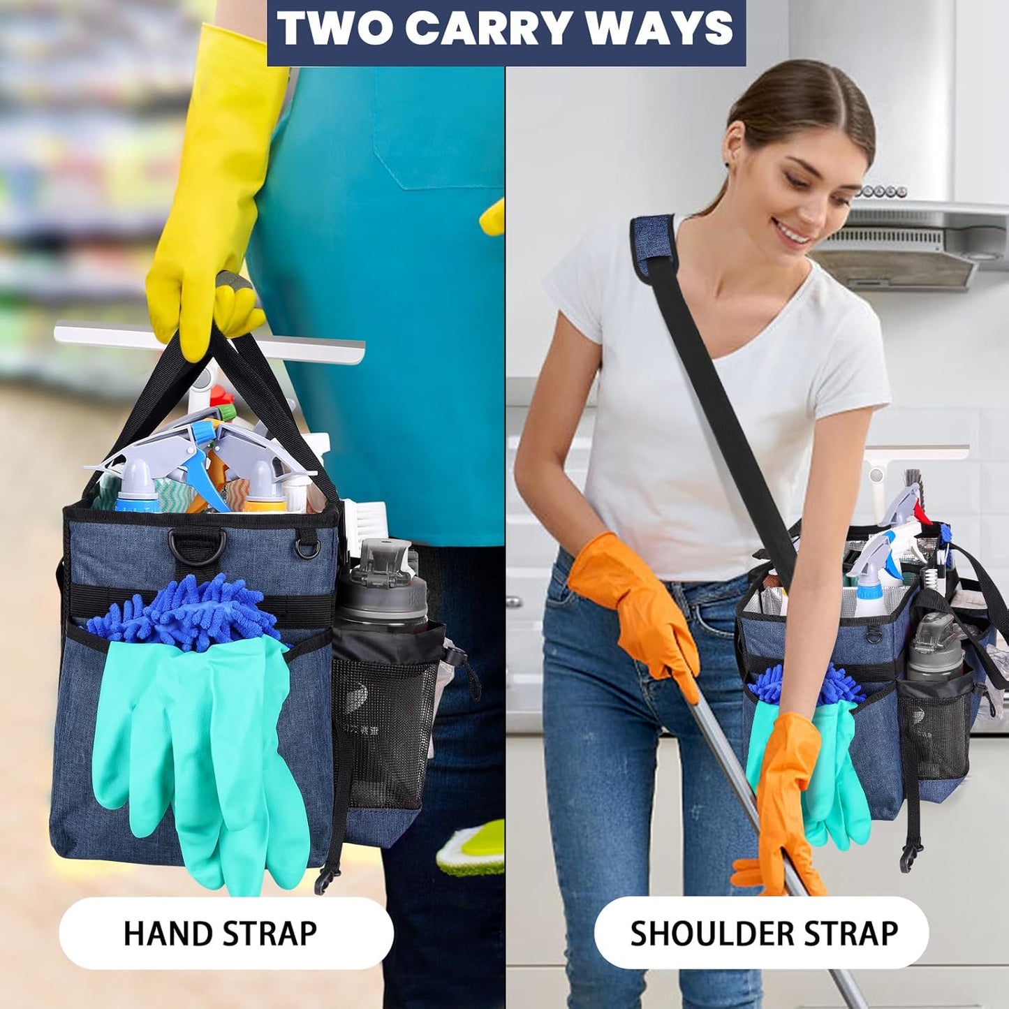 Large Wearable Cleaning Caddy Bag with Detachable Divider, Cleaning Organizer with Handles, Cleaning Supply Tote with Adjustable Shoulder Strap&Waist Belt for Cleaners & Housekeeper (Blue)