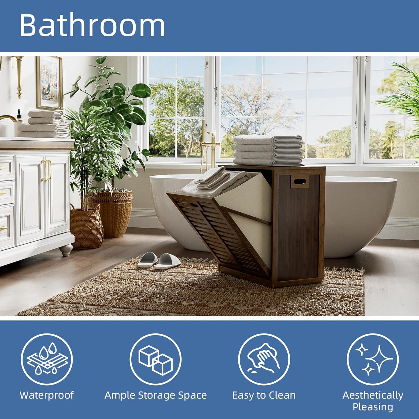 HITNET Bamboo Tilt Out Laundry Hamper, Bathroom Storage Cabinet with Hidden Removable Basket and 3 Sides Cutout Handles, Freestanding Kitchen Trash Can Cabinet, Walnut