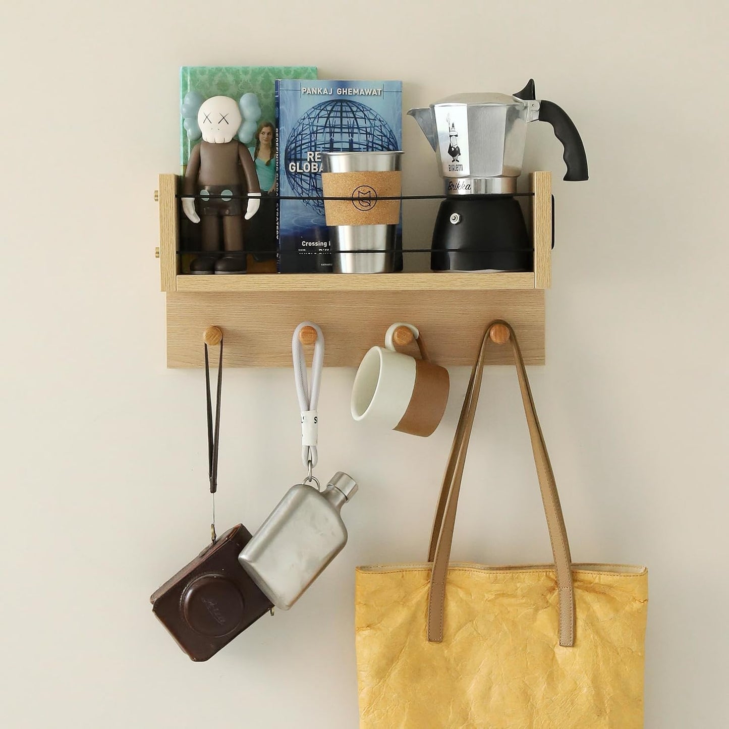 Entrance Coat Rack ，Coat Hooks, Wall-Mounted Wooden Hook Rack, Wall-Mounted Shelves are Very Suitable (Oak Colored Finish-A)