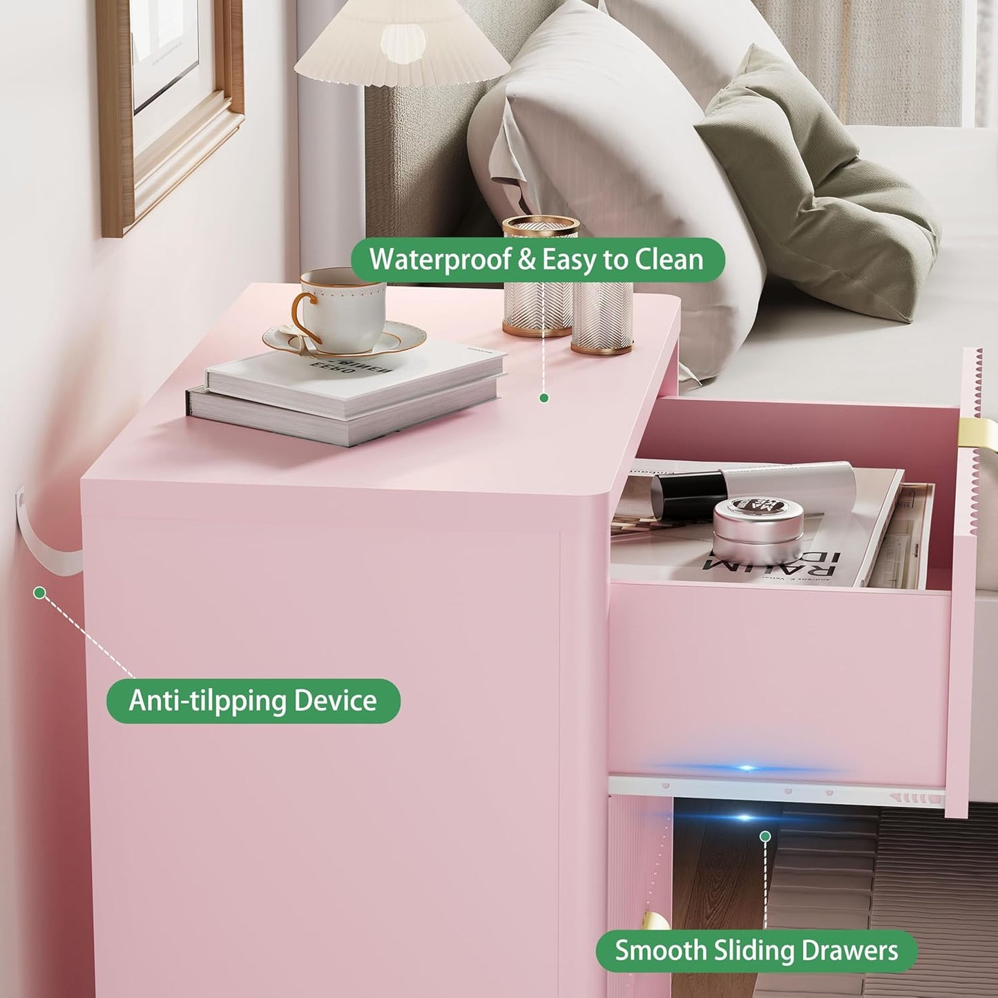 Fluted Nightstand with 3 Storage Drawers, 24" Wide Wood Bedside Table with Mental Handle, Mid Century Modern Wooden Side Table Night Stand, Curved End Table for Bedroom, Living Room, Pink