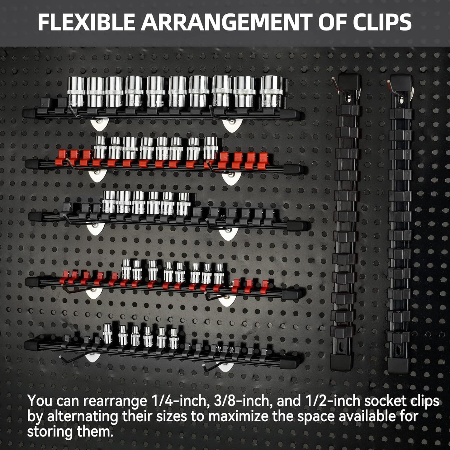 Socket Organizer Drive ABS Tools - Black Socket Holder, Premium Quality 12 Pieces Socket Holders Kit 1/4-Inch x 64 Clips, 3/8-Inch x 60 Clips, 1/2-Inch x 48 Clips（12PC,Black)