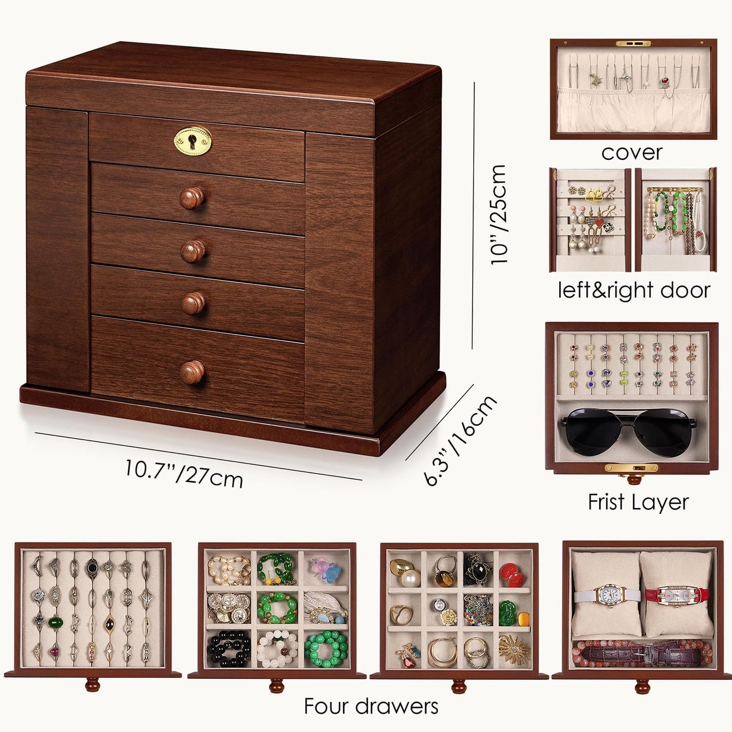 Lockable Wooden Jewelry Box for Women - 8-Layer Dresser Top Jewelry Boxes and Organizer with Key,Large Storage for Necklaces,Solid Wood Jewelry Organizers with Necklace Hooks