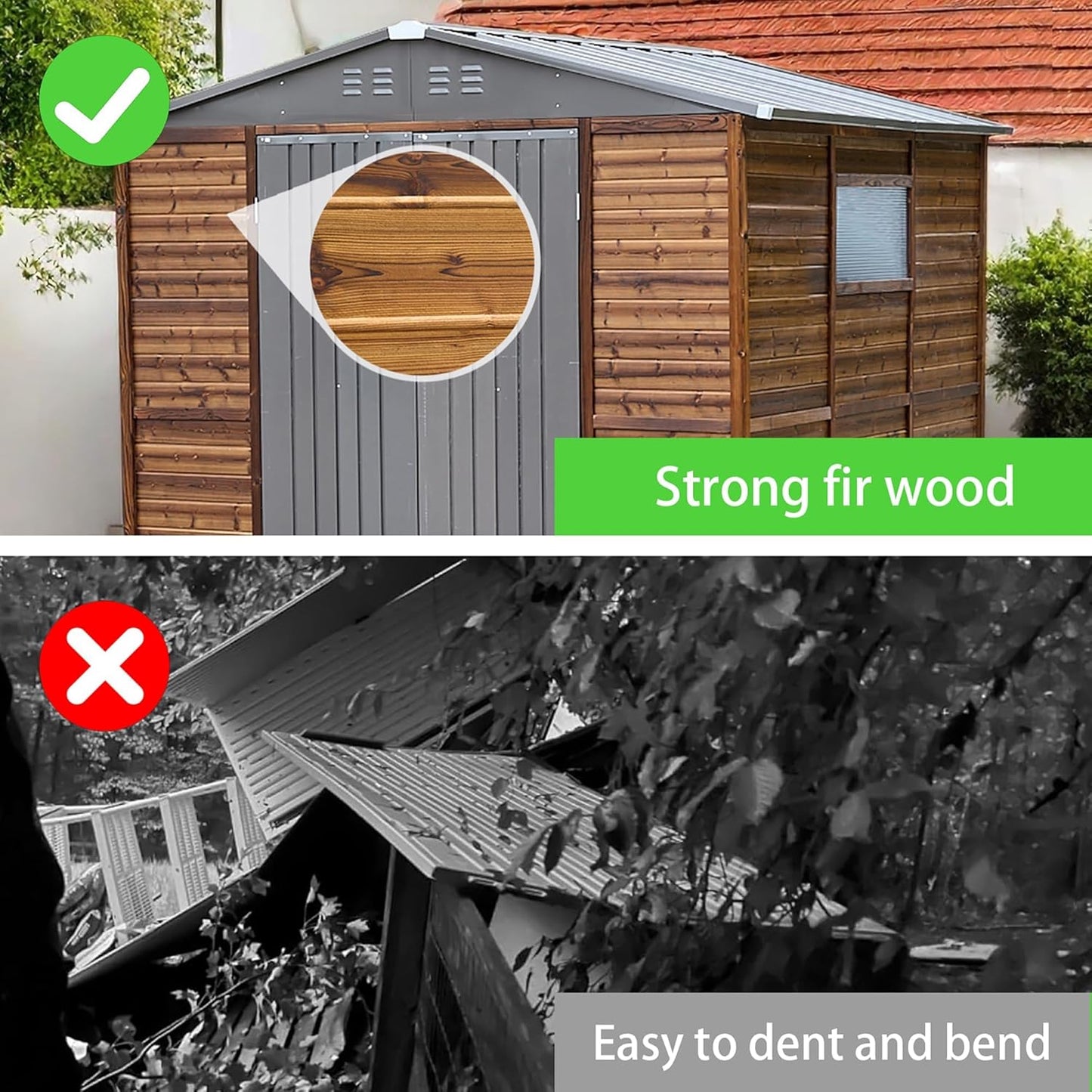 8x8 FT Outdoor Storage Shed with Windows, Wood & Metal Tool Shed Waterproof Storage House for Outside Patio, Backyard, Garden, 4 Vents (Without Floor) Wood Color