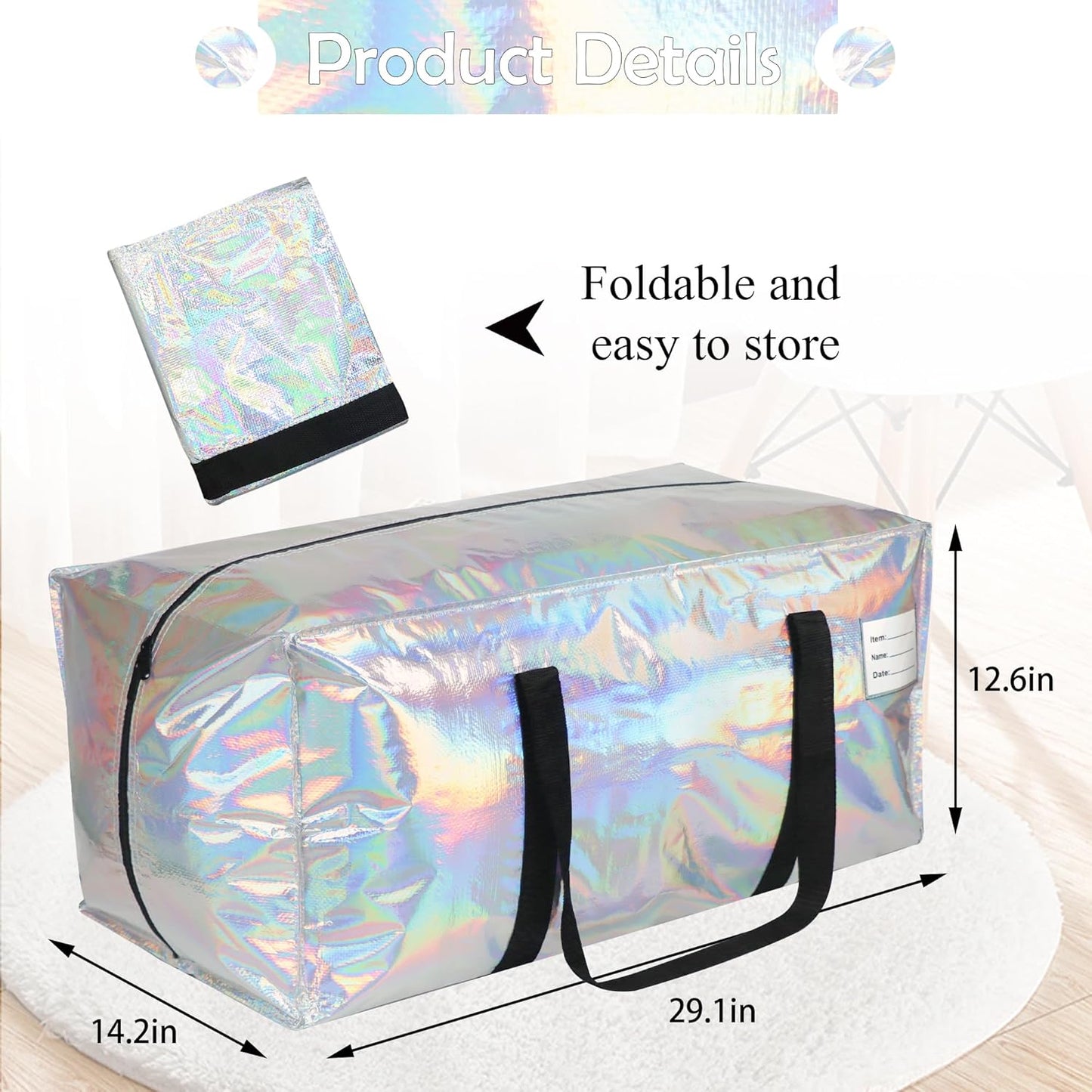 6 Pack Heavy Duty Moving Bags Extra Large Waterproof Foldable Clothing Storage Totes Bags with Zipper,Reinforced Handles,Packing Moving Boxes for Dorm & Seasonal Storage,Iridescent