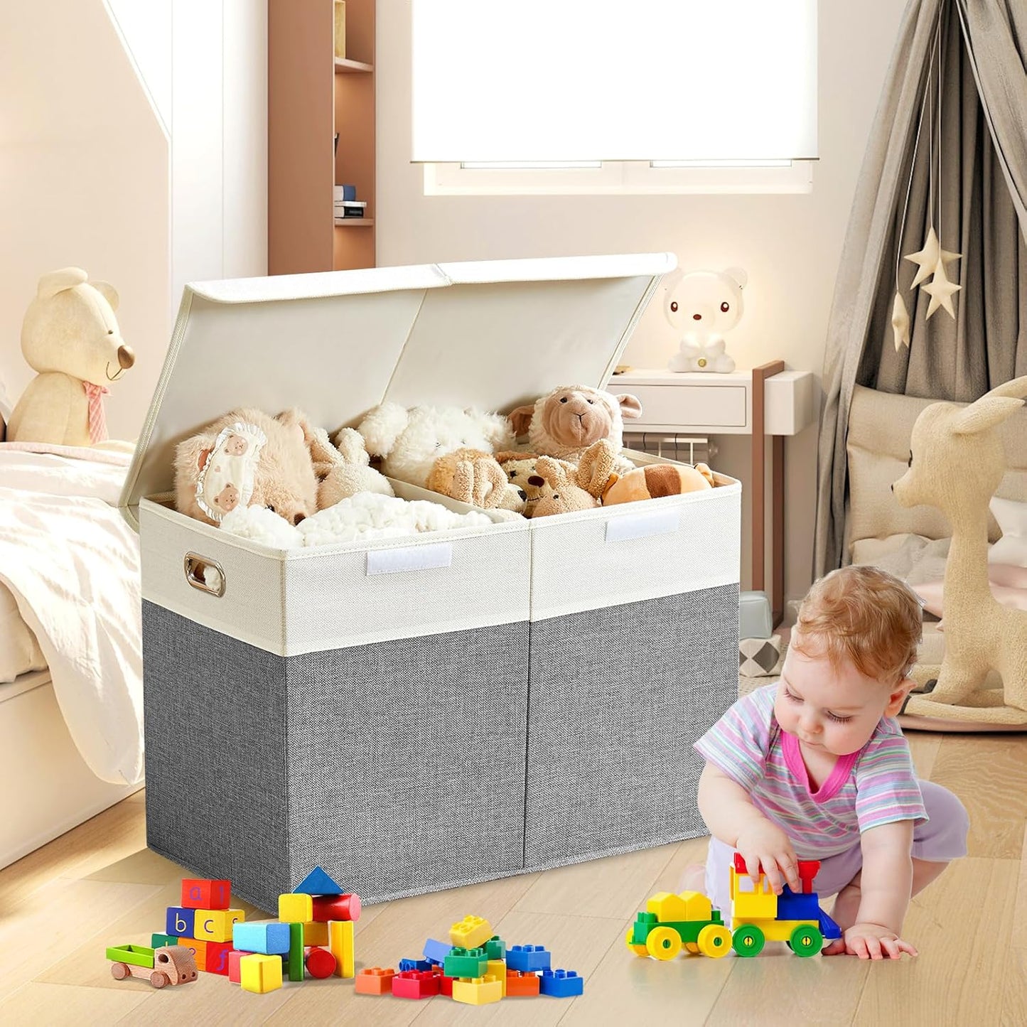 Large Toy Box with Flip-Top Lid, Collapsible Storage Organizer Bins with Dividers and Handles, Kids Bin Chest Baskets for Toys, Playroom Organizers, Nursery 25"x13" x16" (Gray & White)