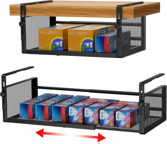 2Pack Under Shelf Basket, Adjustable Hanging Under Cabinet Shelf Storage, Hanging Holder Length Stretchable 14.9-22.6Inch for Kitchen Pantry Desk Counter Bookshelf Cupboard (Black)