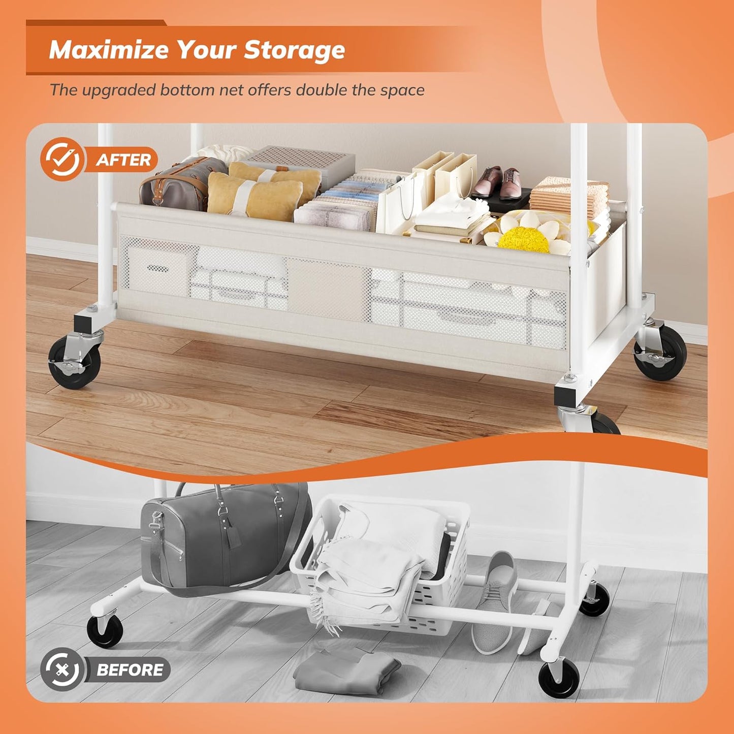 Clothes Rack, Double Rod Clothing Rack with Storage Bag & Sturdy Wheels, Metal Garment Rack for Closet Organizers and Storage, 43.3" W×17.7" D×63" H