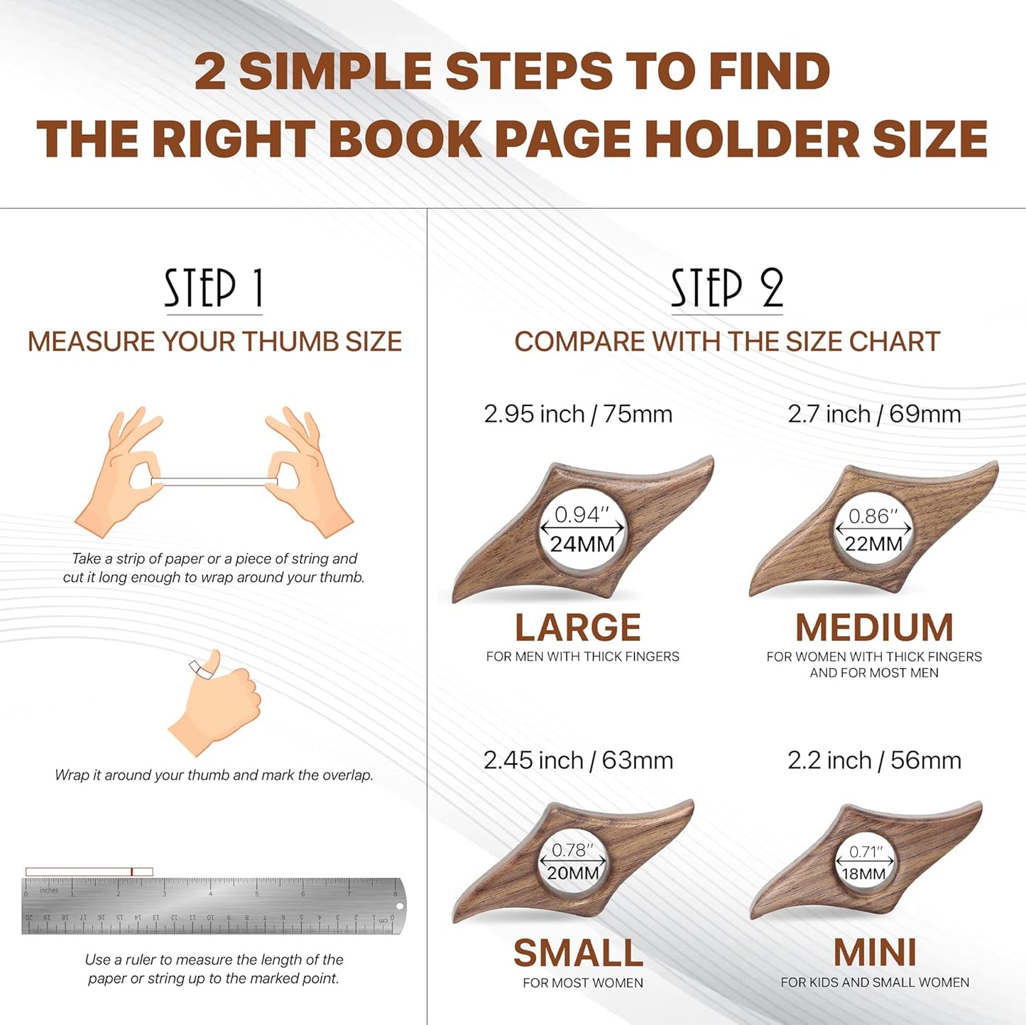 Walnut Book Page Holder - Smooth Finish Wood Reading Accessory, Ideal Reader Gift for Women, Thumb Page Holder (Small), Brown