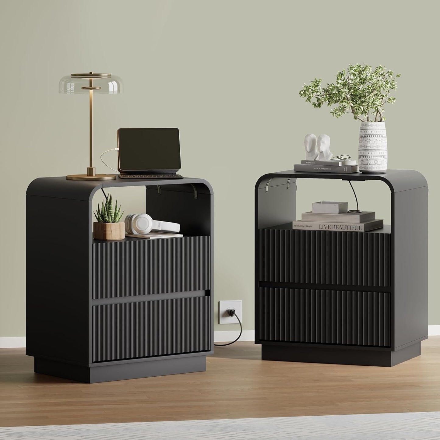 Black Nightstand with Charging Station, Mid Century Modern Bedside Table & End Table, Fluted Wood Small Night Stand with 2 Hidden Drawers and Storage Shelf for Bedroom