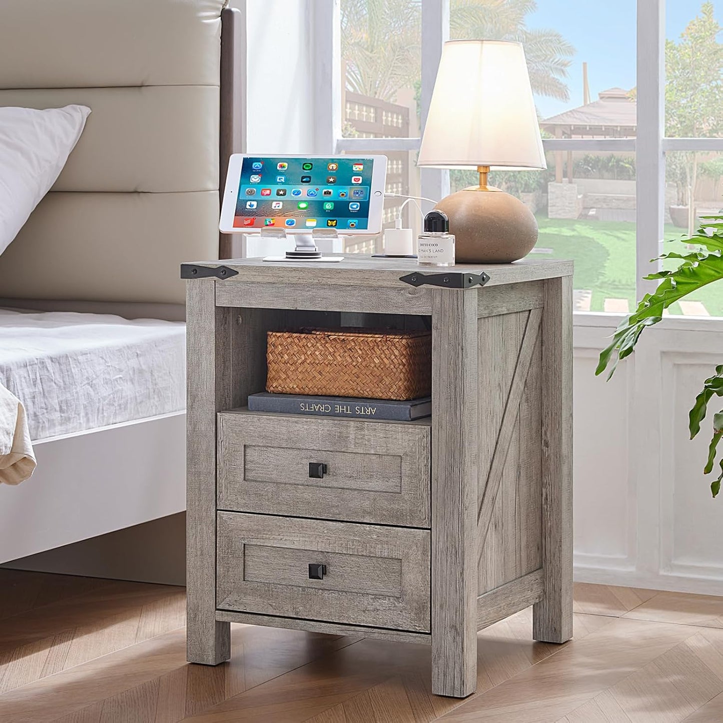 Nightstands Set of 2 with Charging Station, Farmhouse Night Stand with 2 Drawers and Shelf Storage, Wooden Side End Table, Bedside Cabinet for Bedroom, Living Room, Closet,Office (Grey)