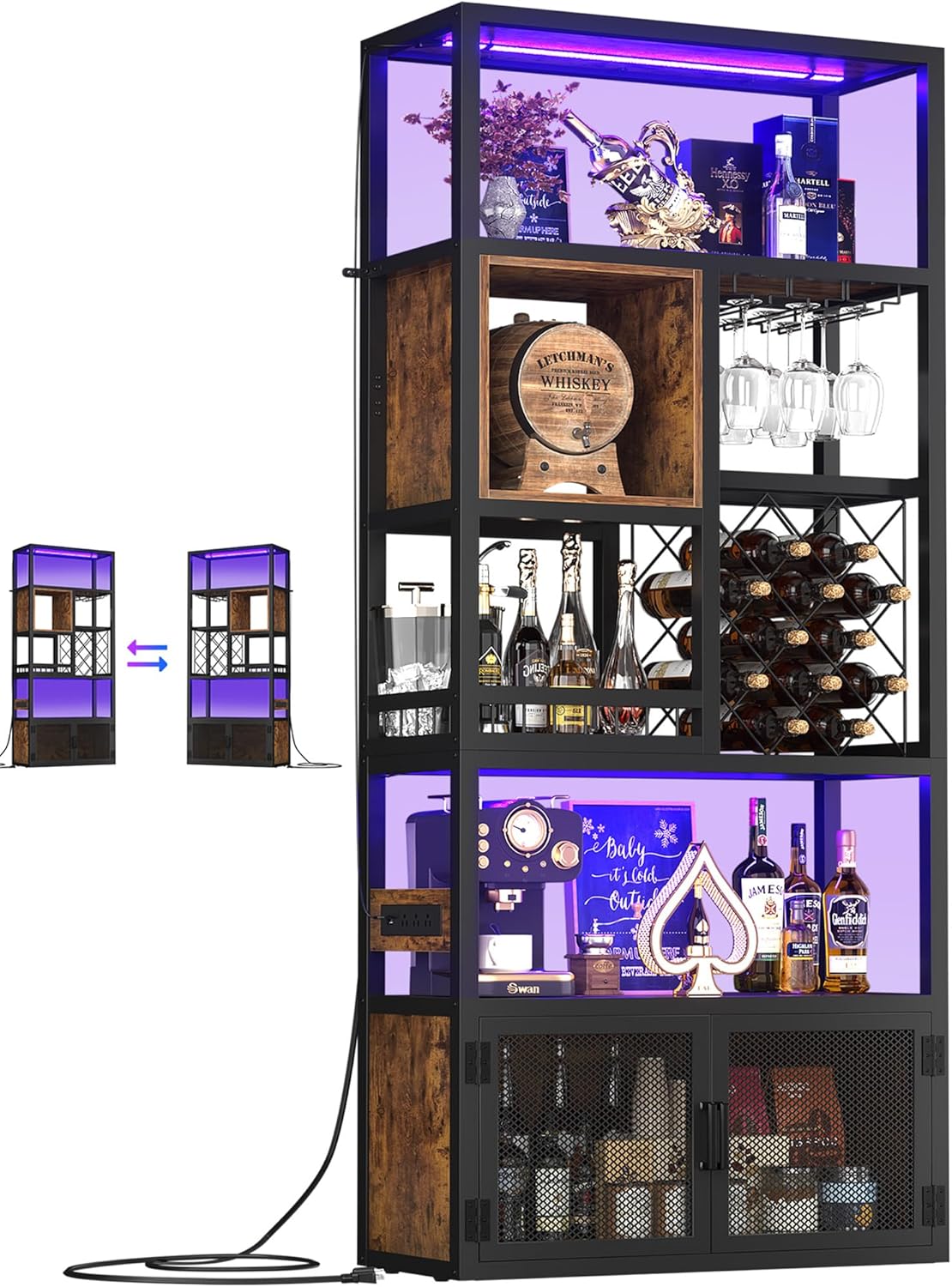 82.6" Tall Bar Cabinet with Power Outlets, 6-Tiers Reversible Wine Cabinet with LED Lights, Glass Holder & Wine Rack, Liquor Storage Cabinet Coffee Bar Station for Dining Living Room, Rustic Brown