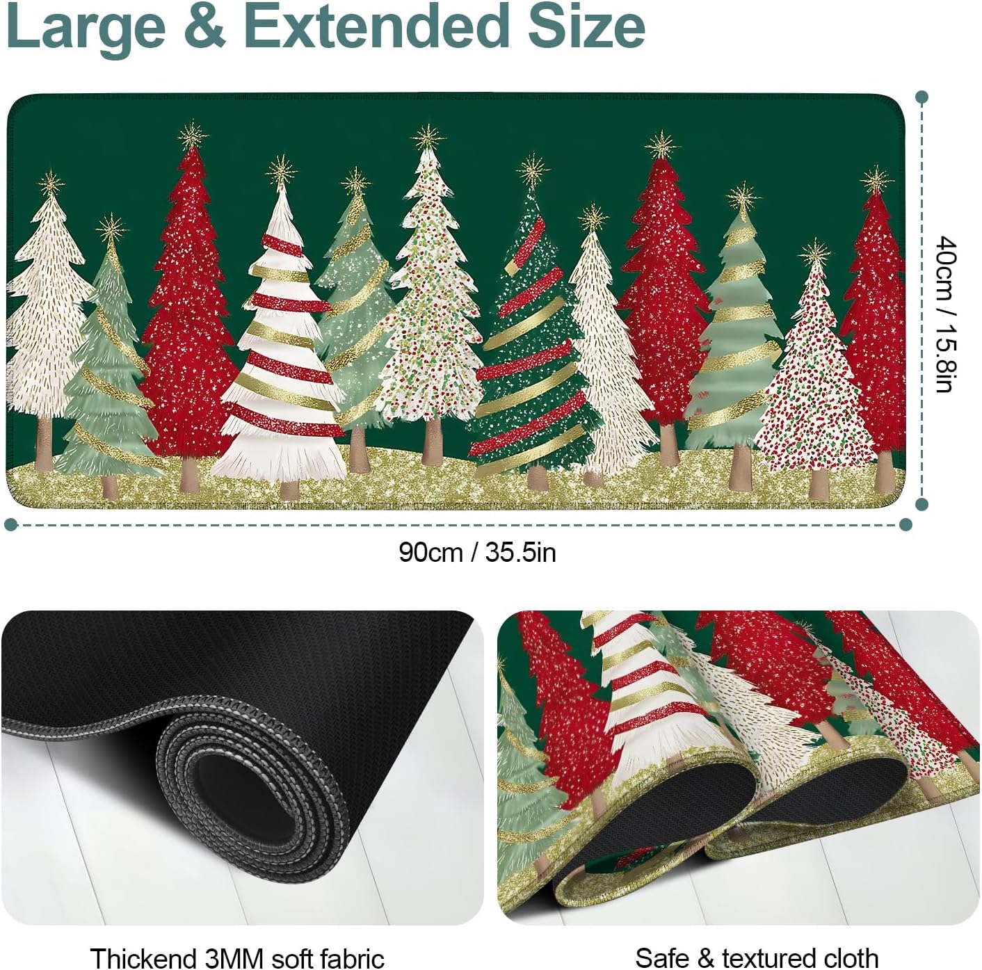 Christmas Tree - Green Gaming Mouse Pad 35.4"x15.7"Desk Mat Anti-Slip Rubber Base & Durable Stitched Edges for Gamers Smooth Mouse Writing Surface for Desk Office/Home