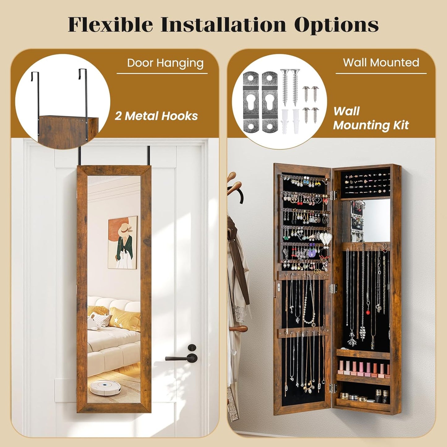 Giantex Wall Mounted Jewelry Cabinet with Full Length Mirror, Over The Door Jewelry Armoire Organizer with Large Storage, Makeup Mirror & Velvet Lining (Rustic Brown)