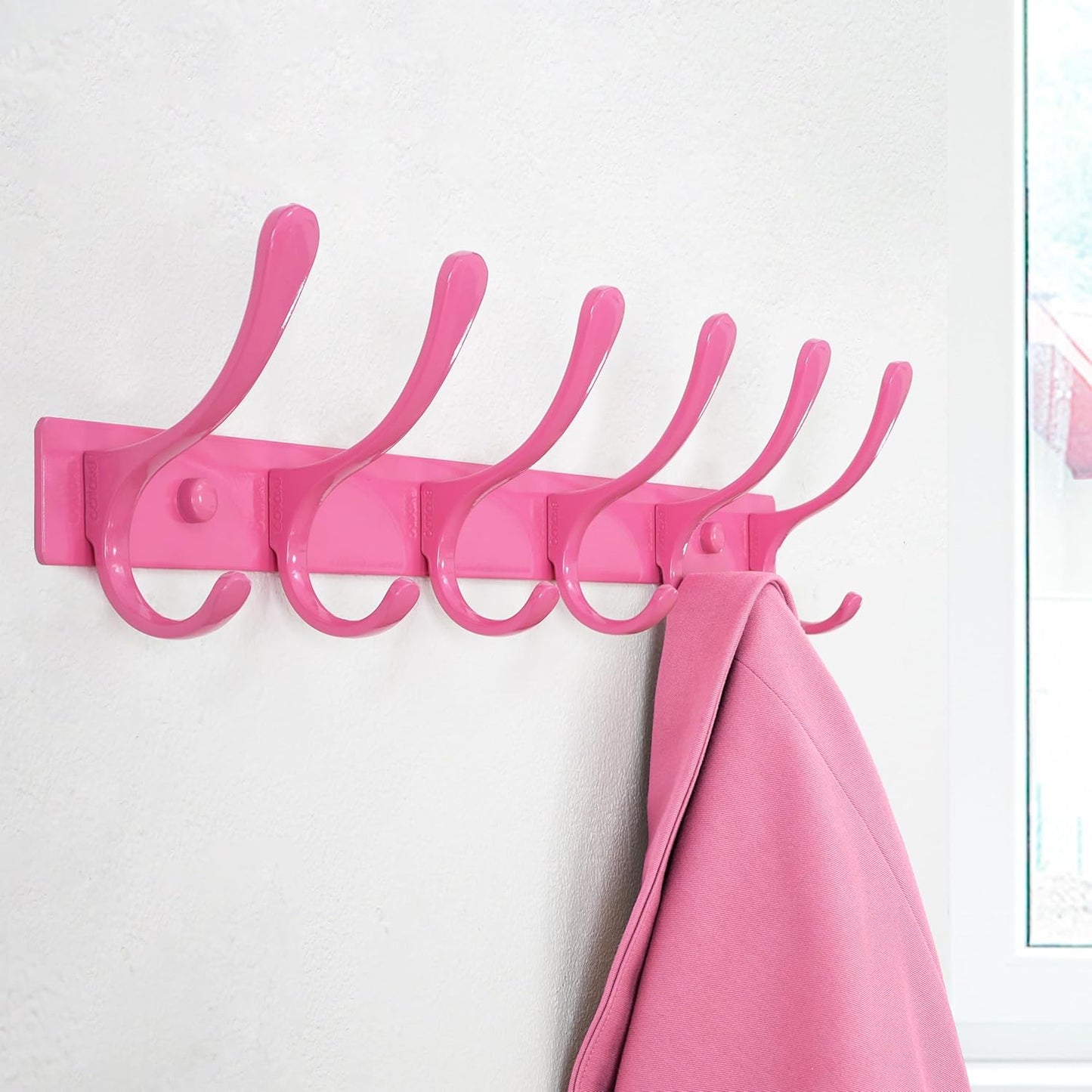 SKOLOO Coat Rack Wall Mounted - 6 Hooks, Heavy Duty, Stainless Steel, Metal Wall Hangers, Sturdy Coat Hooks for Hanging Coats, Jacket, Clothes, Hat, Pink