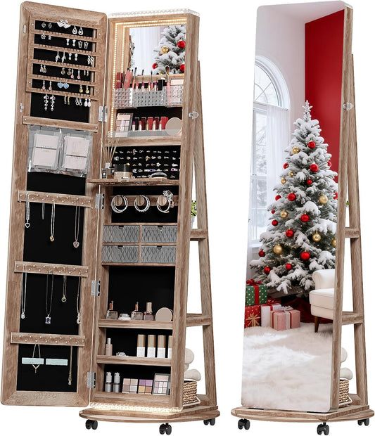 Full Length Mirror with Storage, Standing Mirror Jewelry Cabinet with 3 Color LED Lights, 360° Swivel Jewelry Armoire with Mirror & Storage Shelves, Brown