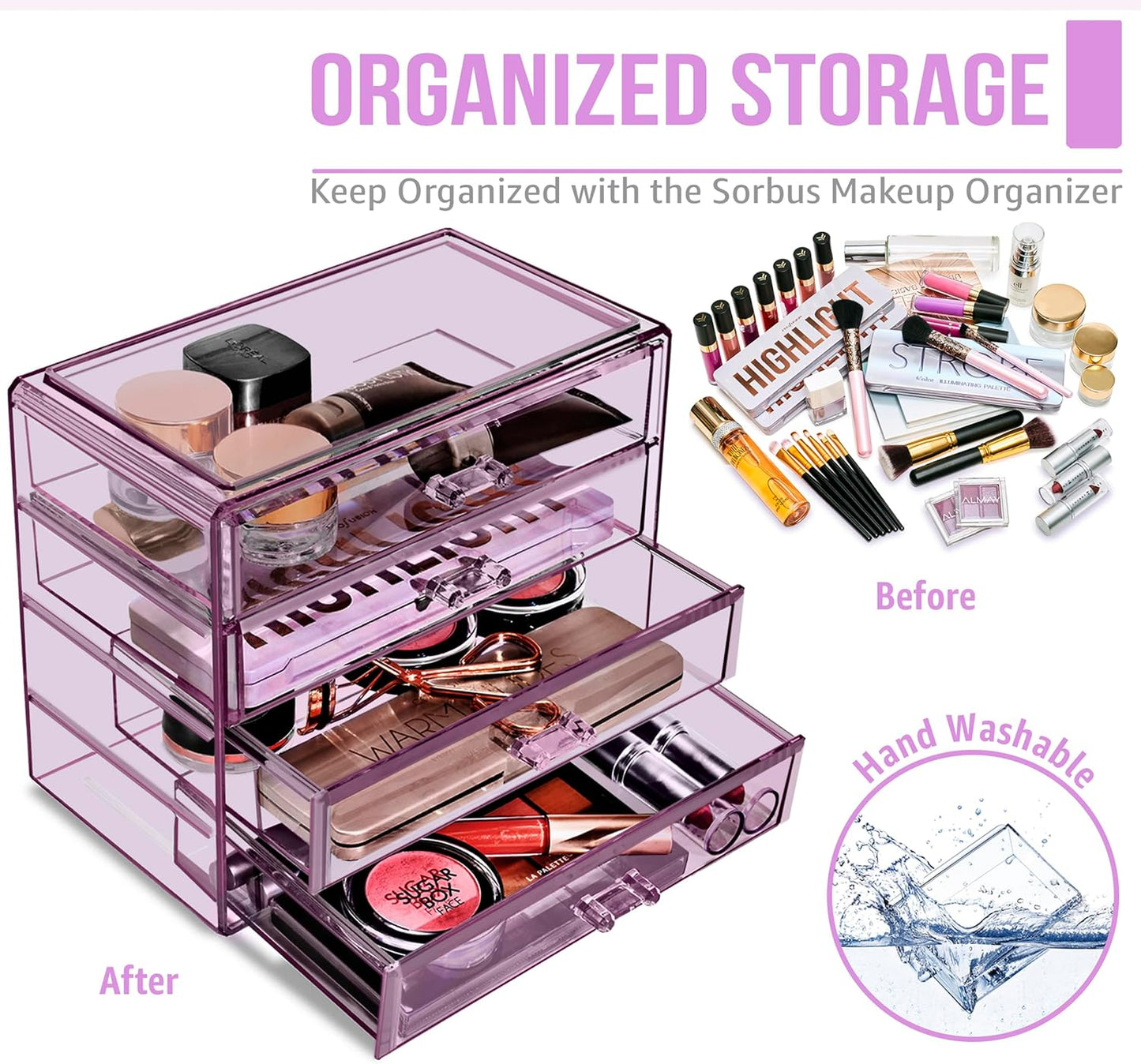 Sorbus Makeup Organizer - 4 Drawer Acrylic Make Up Organizers and Storage for Cosmetics, Jewelry, Beauty Supplies, Clear Makeup Organizer for Vanity, Girl's Room, College Dorm, Counter, Bathroom Sink